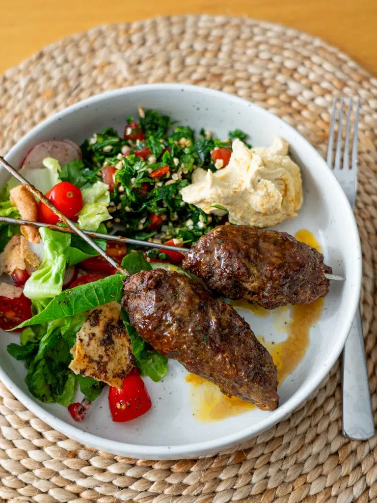 Lamb Kofta with Fattoush Salad and Hummus